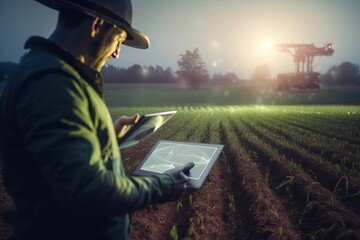 Moderne Landwirtschaft: Bauer nutzt elektronisches Gerät auf dem Feld mit futuristischen Ansätzen und fachmännischer Präzision, Generative AI - obrazy, fototapety, plakaty