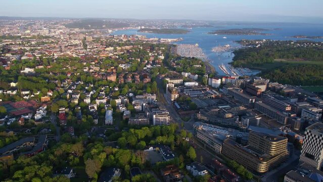 Oslo, Norway, Aerial View of Residential Suburbs, Harbor, Marina and Downtown in Background, Drone Shot