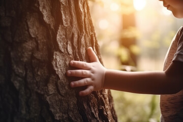 Cute litle boy touching a tree in a forest