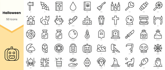 Set of halloween Icons. Simple line art style icons pack. Vector illustration