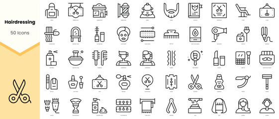 Set of hairdressing and barber shop Icons. Simple line art style icons pack. Vector illustration
