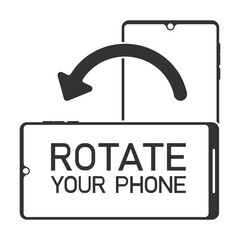 Illustation of a smartphone icon in black with the message rotate your phone over white background. - 613482334