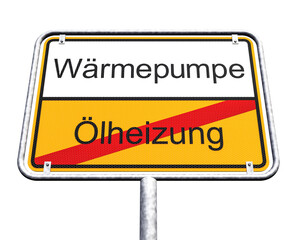 3d Illustation - Ortsschild - Ortstafel - Ölheizung - Wärmepumpe - Freisteller - Freigestellt