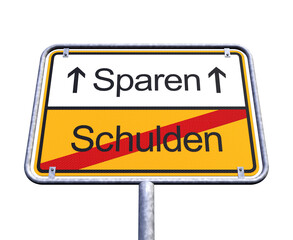 Illustration - Ortsschild - Ortstafel - Sparen - Schulden - Freisteller - Freigestellt