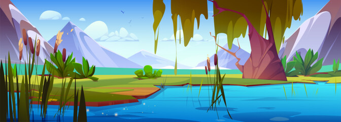Swamp with reed in mountain vector cartoon landscape. Lake water near grass shore with bulrush in Japan illustration. Calm stream near willow game environment terrain for sunny day panoramic view © klyaksun