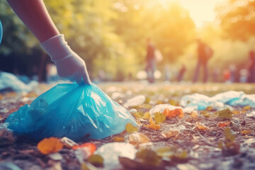 Close up of a group of eco volunteers picking up plastic trash in park. Activists collecting garbage, protecting the planet, avoid pollution and save the  environment - obrazy, fototapety, plakaty