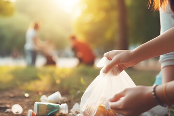 Close up of a group of eco volunteers picking up plastic trash in park. Activists collecting garbage, protecting the planet, avoid pollution and save the  environment - obrazy, fototapety, plakaty