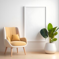 Blank frame mockup for artwork or print on pink wall with pink couch, copy space. Interior design