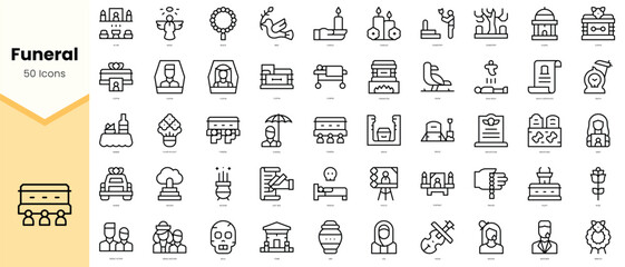 Set of funeral Icons. Simple line art style icons pack. Vector illustration