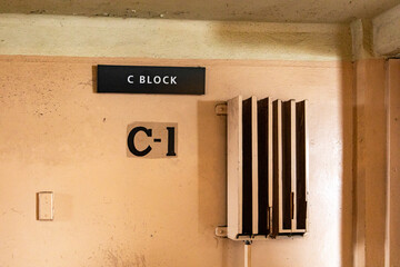 Block C of the federal prison on Alcatraz Island in the middle of the bay of the city of San...