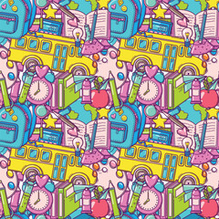 Bright seamless pattern with school supplies and creative elements in doodle style on white background. Back to school background