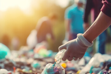 Close up of a group of eco volunteers picking up plastic trash in park. Activists collecting garbage, protecting the planet, avoid pollution and save the  environment