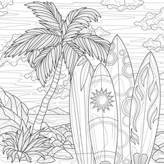 Surfboards on the beach near the palm tree.Coloring book antistress for children and adults. Illustration isolated on white background.Zen-tangle style. Hand draw