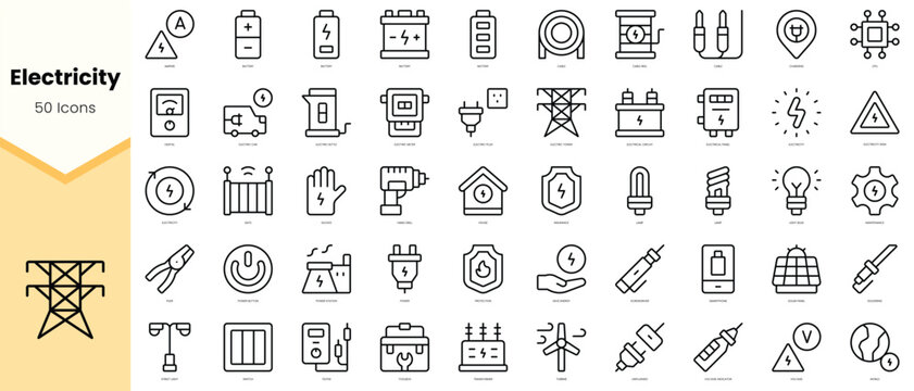Set of electricity Icons. Simple line art style icons pack. Vector illustration