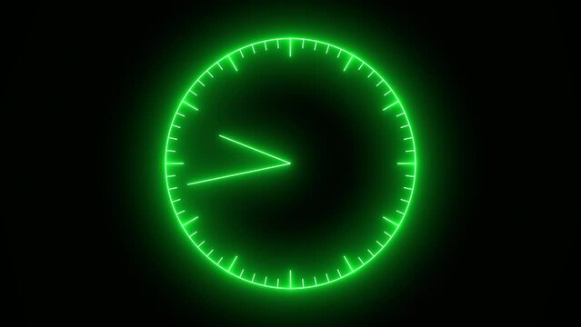 Video animation of analog clock with moving arrows in seamless 12 hour loop in neon green on black background. Stopwatch animation. 