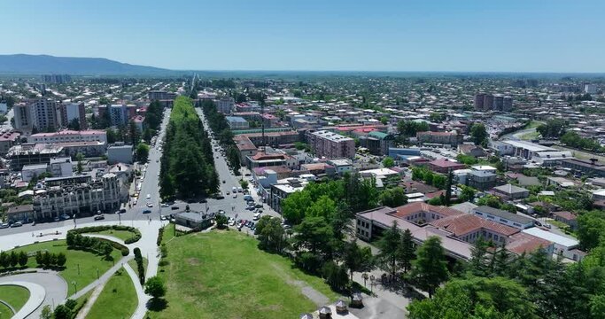 Flying over the center of Zugdidi city in Samegrelo. Georgia