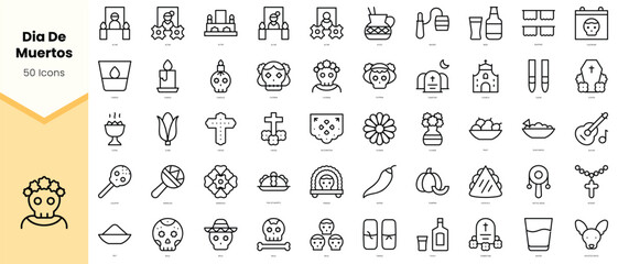 Set of dia de muertos Icons. Simple line art style icons pack. Vector illustration