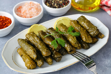 Stuffed collard greens with boiled leaves, traditonal turkish black sea region food, sarma, dolma. (Selective Focus)