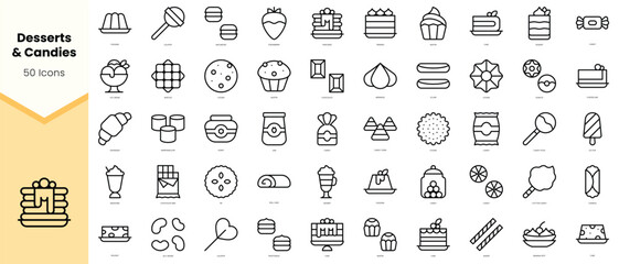 Set of desserts and candies Icons. Simple line art style icons pack. Vector illustration