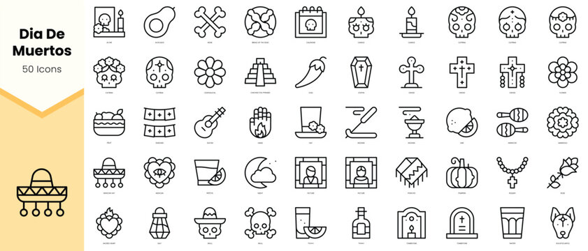 Set of dia de muertos Icons. Simple line art style icons pack. Vector illustration