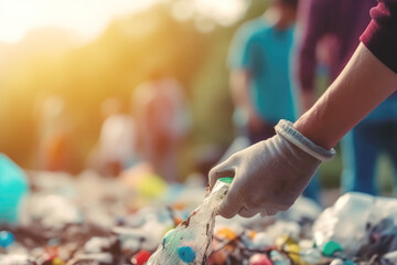 Obraz premium Close up of a group of eco volunteers picking up plastic trash in park. Activists collecting garbage, protecting the planet, avoid pollution and save the environment