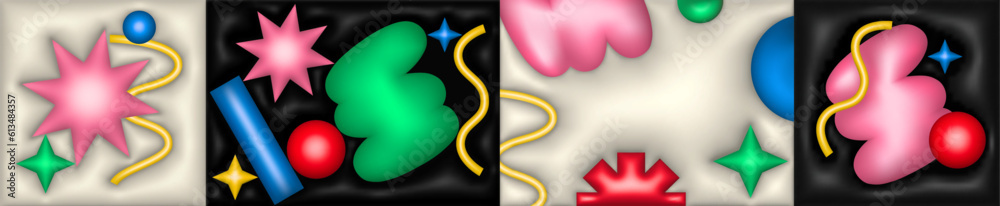 Aufkleber bright abstract y2k style 3d colorful geometric shapes on black and white background. set of vector 