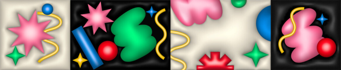 Bright Abstract Y2k Style 3d Colorful Geometric Shapes on Black and White Background. Set of Vector Memphis Futuristic Pattern. Modern Graphic Design for Poster and Placard. Funny Contemporary Art