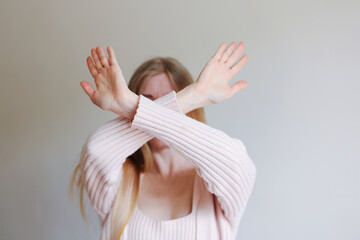 Photo of mature pretty woman crossed hands show no stop forbidden symbol isolated background