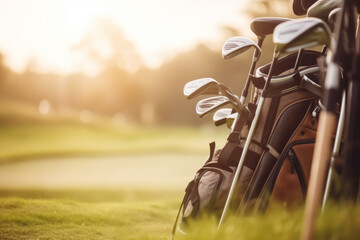 Golf equipment on the green grass, close up 
