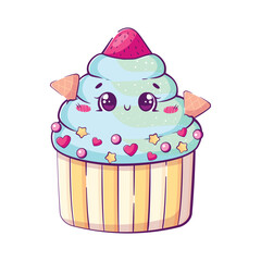 Kawaii cartoon doodle mint ice cream in a cup with strawberries and waffles.