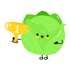 Cabbage hold gold trophy cup. Vector hand drawn cartoon kawaii character illustration icon. Isolated on white background. Cabbage with winner trophy cup