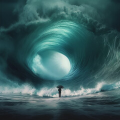 Obraz premium An ai-generated image of a tiny man defiantly standing against the colossal might of a giant wave. The power of mindfulness in navigating life's challenges with grace and resilience.Strength of spirit
