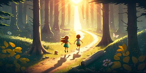 Children walking in forest cartoon illustration, Generative Ai