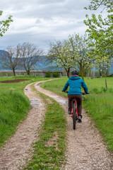 Obraz premium Female cycling on her mountain bike through the countryside on a sunny day.