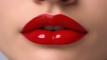 Extreme close-up of Caucasian woman lips with bright red lipstick