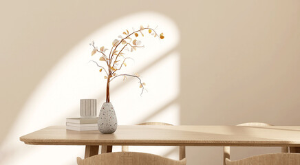 Modern wooden dining table with twig in vase, book, chair in sunlight from window on beige cream wall room for minimal interior design decoration, luxury product display background 3D