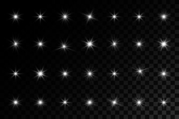 Sparkling stars, twinkling and flashing lights. Collection of various light effects on a transparent background.