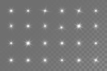 Sparkling stars, twinkling and flashing lights. Collection of various light effects on a transparent background.