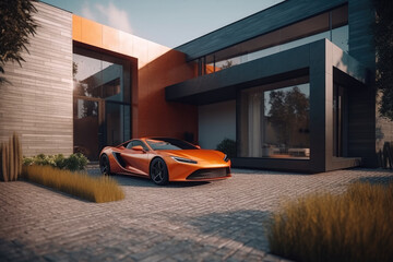 A luxury car parked in the driveway of a beautiful home represents success, status, and achievement. Perfect for brands promoting exclusivity and sophistication Generative AI.