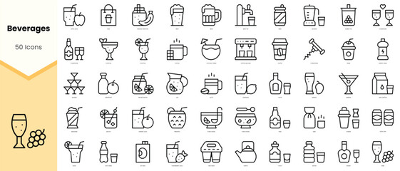 Set of beverages Icons. Simple line art style icons pack. Vector illustration