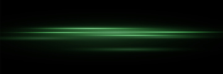 Set of green lines, laser beams, bright light beams with sparkles and dust on a black background
