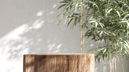 Minimal, natural log wood podium, bamboo tree in sunlight, leaf shadow in blank white concrete wall for modern luxury organic beauty, cosmetic, skincare, nature, fashion product display background 3D