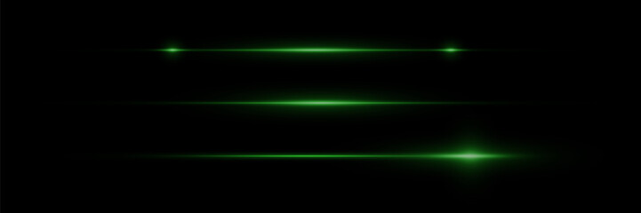 A set of horizontal highlights. Laser beams, horizontal light beams. Beautiful light flashes. Glowing stripes on a black background.