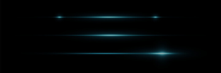 Set of blue horizontal glowing rays and glare of light, neon line on a black background. Vector illustration