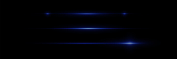 Set of blue horizontal glowing rays and glare of light, neon line on a black background. Vector illustration