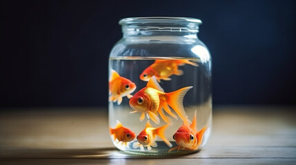 Many goldfish in a small glass jar