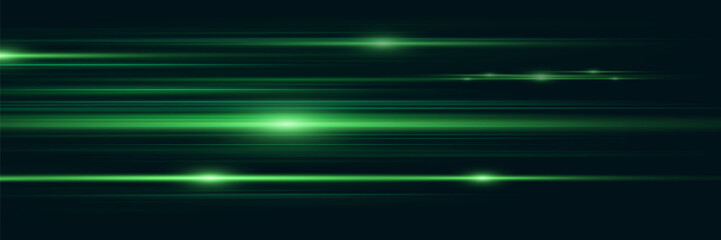 Abstract green speed neon light effect on black background. Vector illustration.