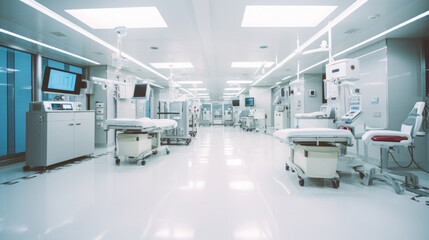 Interior view of an empty modern hospital full of medical equipment