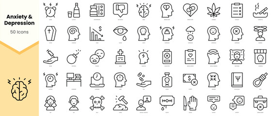 Naklejka na ściany i meble Set of anxiety and depression Icons. Simple line art style icons pack. Vector illustration