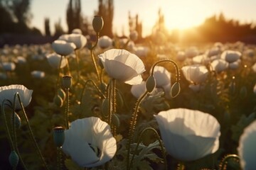 AI Generated Sunset Over Blooming white Poppy Field Generative AI